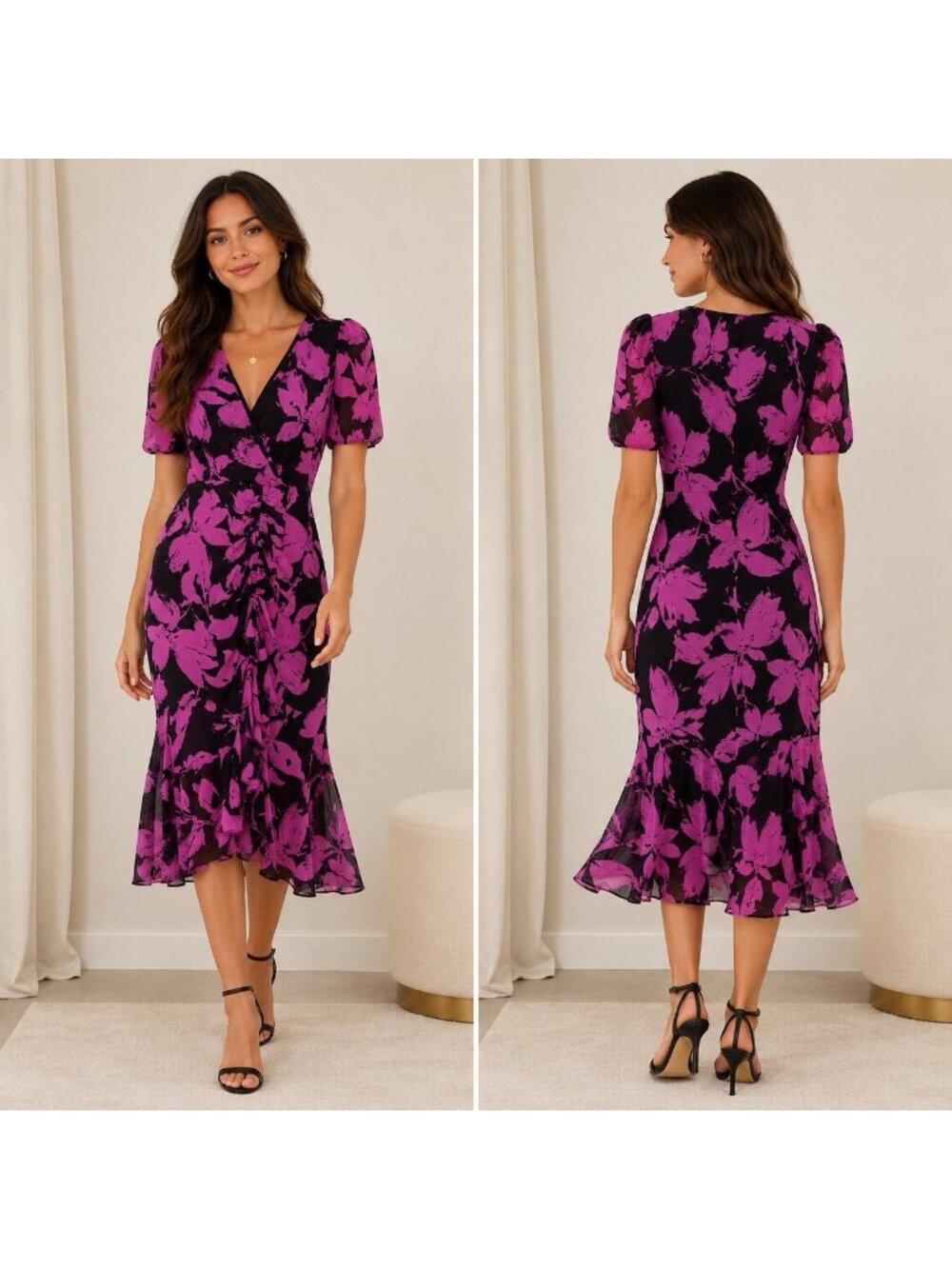 Kaimilan Size 6 Purple Black Floral Short Sleeve Midi Ruffle Ruched Dress NWT